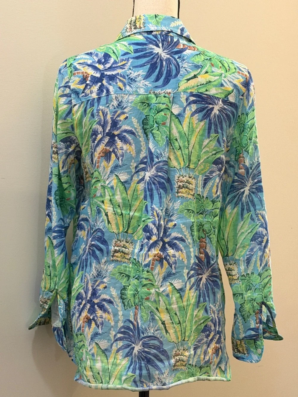 J. McLaughlin Blue/Green Tropical Pattern Linen LS Blouse Sz S - Picture 3 of 7